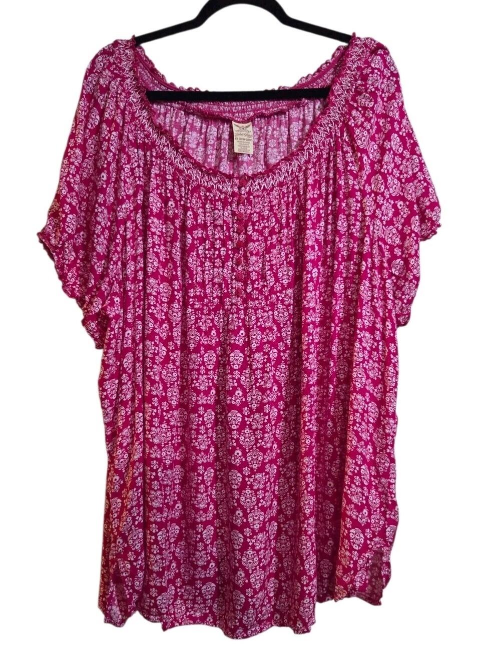 Faded Glory Blouse Women Plus Sz 4X Pink Ditzy Floral Button Pintuck Rayon Flowy